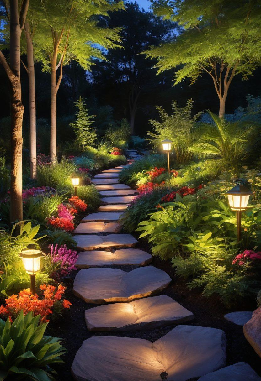 A breathtaking garden illuminated by a variety of innovative outdoor lighting solutions, showcasing glowing path lights, creative spotlights on trees, and colorful LED accents on plants. The scene is set during twilight, with a warm ambiance reflecting on a serene pond. Soft shadows and vibrant colors highlight the beauty of nature. super-realistic. vibrant colors. twilight setting.