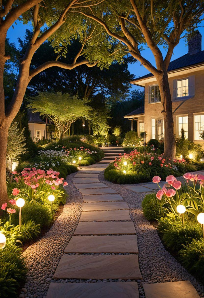 A beautifully illuminated garden showcasing various stylish outdoor lighting solutions, featuring sleek lamps, hanging fairy lights draped on trees, and strategically placed spotlights highlighting vibrant flowers. In the background, a modern home with large windows reflects the glow of the lights, while a peaceful pathway paved with stones leads through the garden. Soft twilight setting with warm, inviting hues to emphasize elegance and tranquility. super-realistic. vibrant colors. 3D.