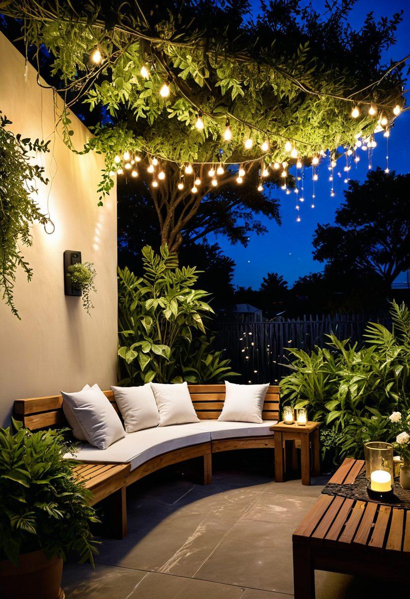 A serene and lush outdoor setting illuminated by soft, eco-friendly LED lights, showcasing a variety of energy-efficient light fixtures like solar lamps and hanging fairy lights. Integrate elements like green plants, a cozy seating area, and a starry night sky to enhance the ambiance of sustainable living. Capture the warmth and tranquility of an eco-conscious lifestyle. vibrant colors. super-realistic.